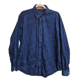 Robert Graham Navy Blue Damask Button Up Shirt Sz XL
